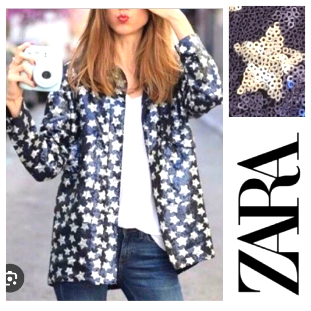 ZARA sequined star BLOGGER FAV! lined snap shirt jacket  2 large patch pockets
